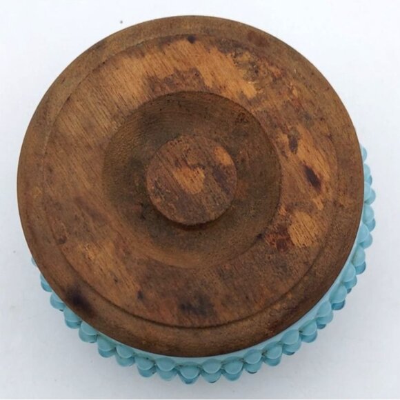 Vintage Fenton Glass Blue Opalescent Hobnail Power Jar with Wooden Lid - Picture 2 of 6